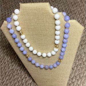 Gold Inserts Blue Angelite White Agate Beaded Necklace